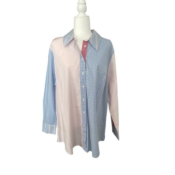 Lane Bryant Multi-Pattern Color Block Plaid Long Sleeve Button Up Shirt Size 18 - Picture 1 of 7